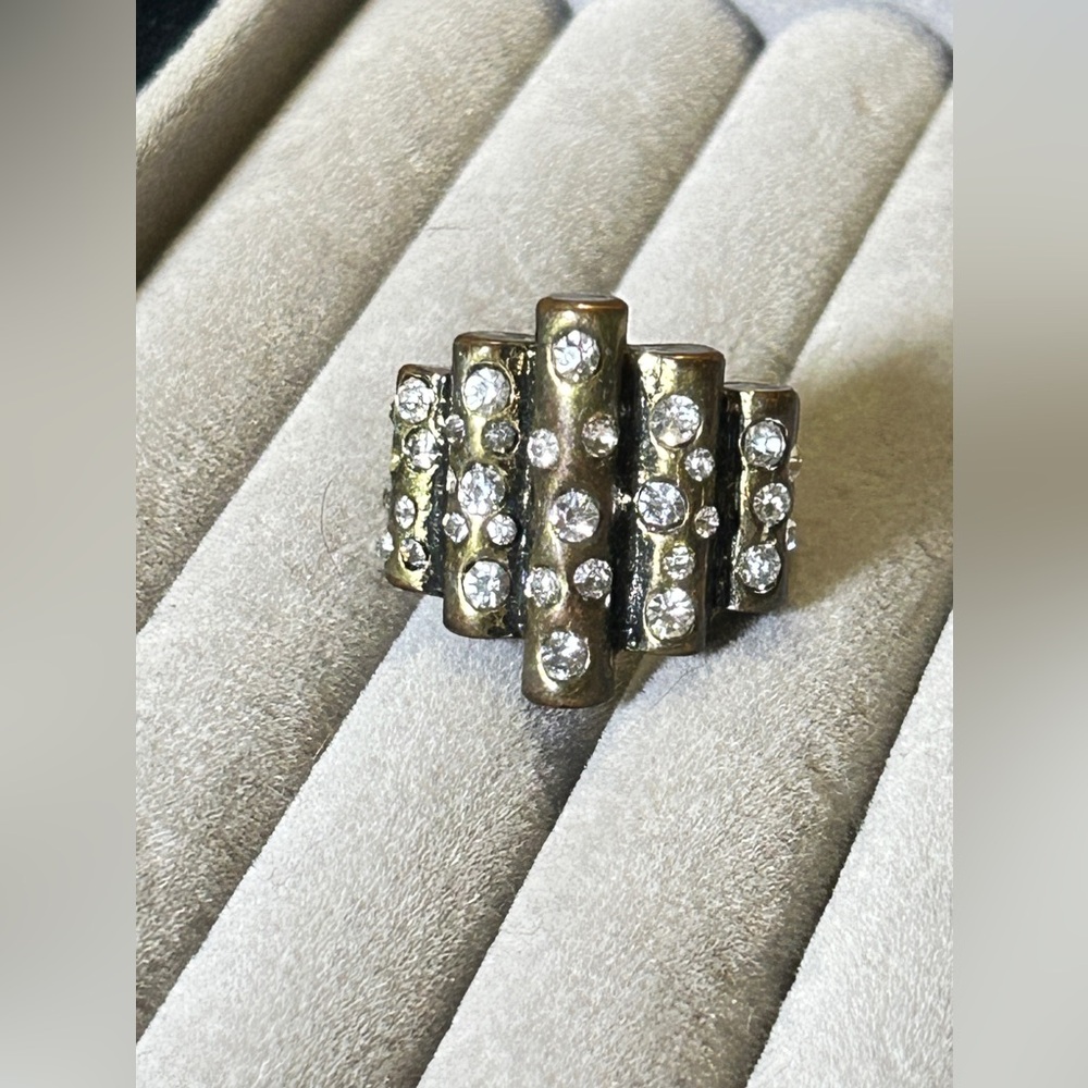 Retro Bronze Tone Bamboo Design Studded With Crystals Ring. Flex band Sz…